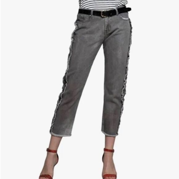 POL | Anthropologie Jeans Pol Ruffle Side Crochet Trim Mid Rise Cropped Gray M - Picture 2 of 12